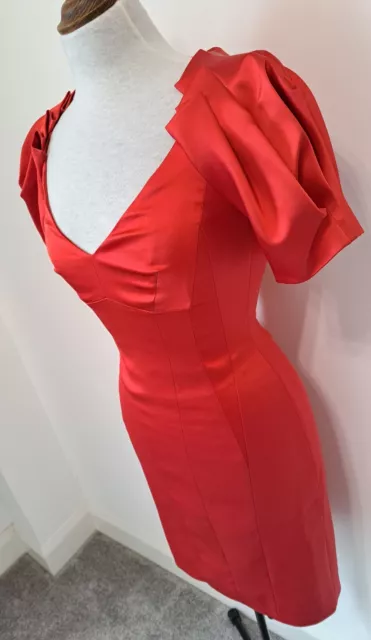 KAREN MILLEN - Red Satin Puff Sleeve V-Neck Pencil Wiggle Evening Dress Size 10