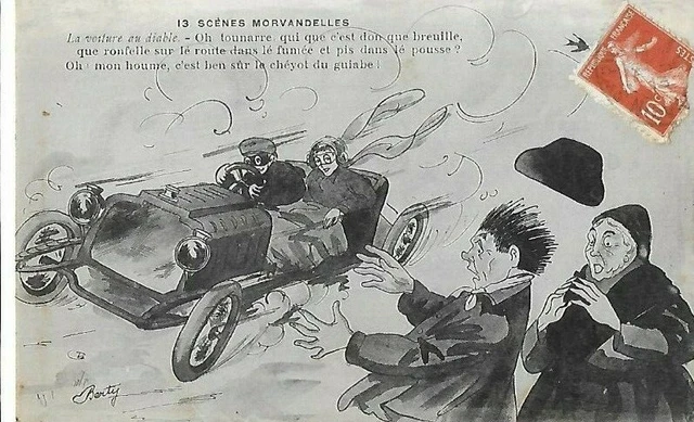 CPA carte postale ancienne voiture au diable humour Morvan