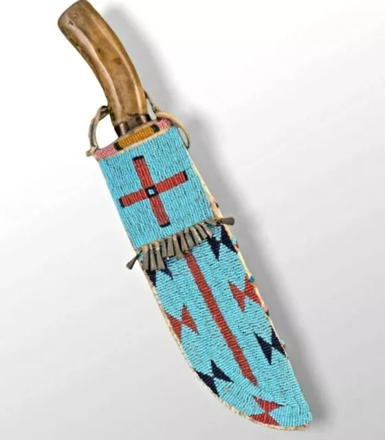 Native American Lakota Style Indian Beaded Cover Suede Leather Knife Sheath