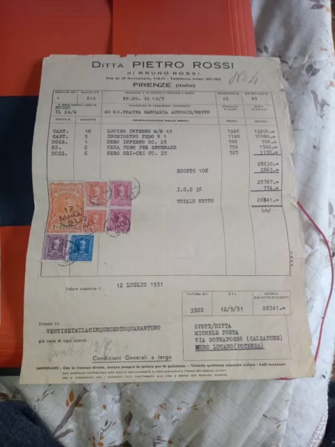 Cod. 8R Marcofilia Su Fattura Pietro Rossi Firenze 1951