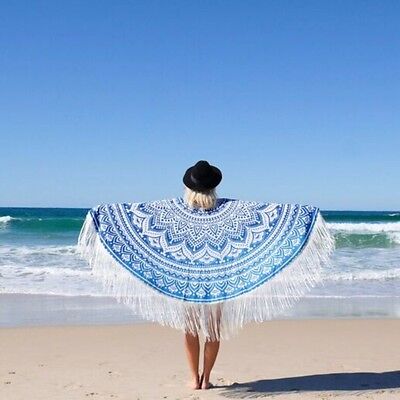 Ombre Mandala Poncho Indiano Rotondo Arazzo Spiaggia Abbigliamento Donna Blu Top