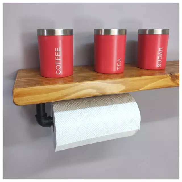 Wooden Handmade Rustic Kitchen Roll Black Holder with Shelf 7 inches 175mm