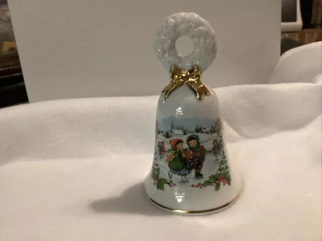 Avon Bell 1986 Christmas White Porcelain Ice Skating Gold Trim, Wreath Handle