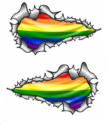 LARGE LONG Handed Pair Ripped Torn Metal LGBT Gay Pride Rainbow Flag car sticker