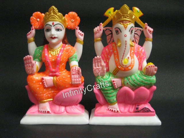 22.9cm Marbre Blanc Dieu Ganesha Déesse Laxmi Ji Statue Fait à la Main Dieu
