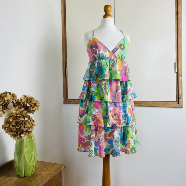 Trina Turk Silk Bright Colourful 70s Style Print Layered Tiered Ruffle Dress 8