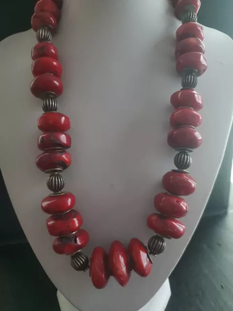 VINTAGE STERLING SILVER RED CORAL Necklace Nugget Style 17” $59.99 ...