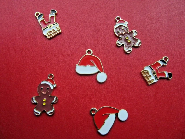 Xmas Enamel Metal Pendants Charms Gingerbread Man Santa Hat Santa In Chimney