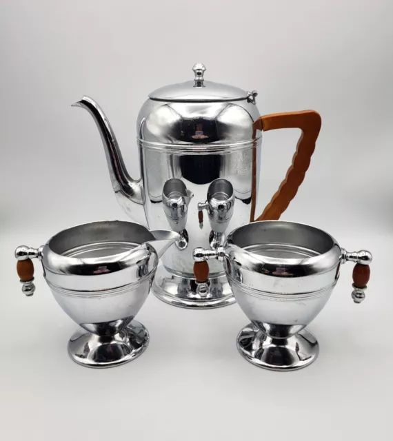 Keystone Ware Sugar Bowl Creamer TeaPot Chrome Plated on Copper Art Deco Set of3