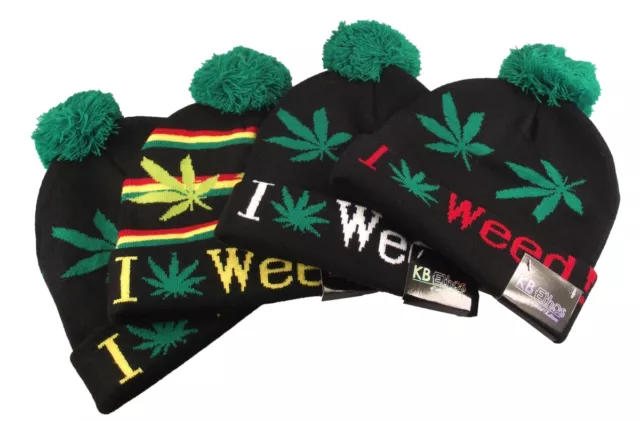 I Love Weed Bobble Beanie Hat, Black Ganja Leaf 360 Beanies, Limited Edition