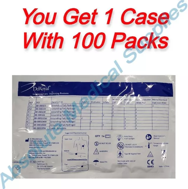 *100-Packs* DeRoyal Hydrogel Grounding Dual Conductor Pad 10' Cord 88-000102