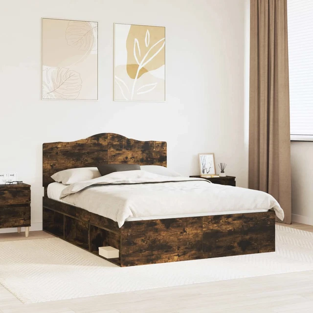 BED FRAME SMOKED Oak 150 x 200 cm Solid Pine Wood vidaXL £233.47 ...