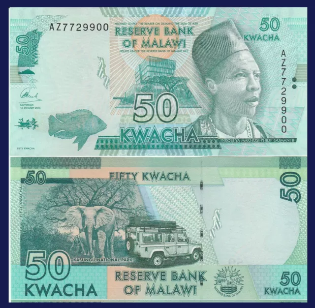 Malawi P64, 50 Kwacha, elephant, safari jeep / bank UV & watermark images UNC