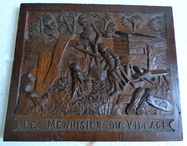 Rare 1800 Carpenter Hand Carved Oak Wood Panel Frame town scene Girl Dog signed