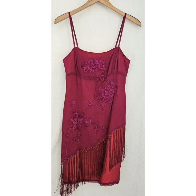 SUE WONG VINTAGE Size 8 Y2K Floral Embroidered Mini Tassel Dress ...