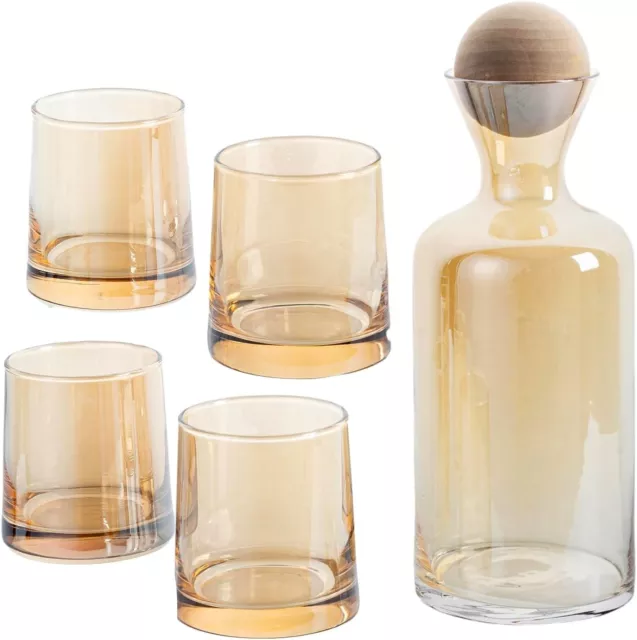 Amber Drinking Glasses & Water Carafe, Glass Tumbler Drinkware, 5 Piece Bar Set