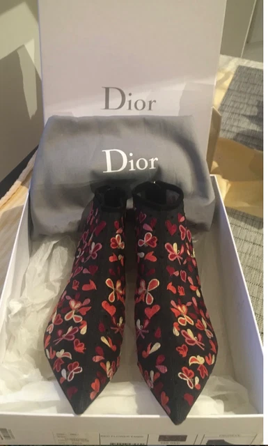 $1350 AUTH Christian Dior Rare Floral Embroidered Dioreve black ankle boot 35.5