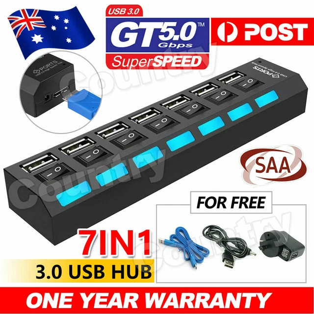 7 Port USB 3.0 HUB Powered +High Speed Splitter Extender PC AC Adapter Cable OZ