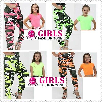 Girls Plain Short Sleeves Vibrant Neon Top & Camouflage Baggy Harem Trouser Sets