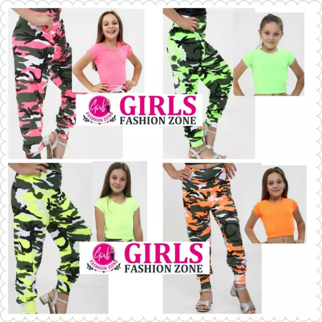 Set di pantaloni harem larghi per ragazze maniche corte vivaci al neon e mimetici
