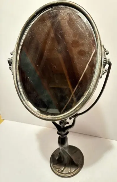 Art Nouveau Cast Oval Beveled Mirror Lady Holding Tilt Antique 18" X 9 1/2"