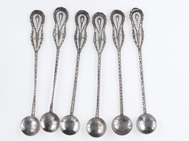 Antique Ottoman silver filigreee coins spoon set