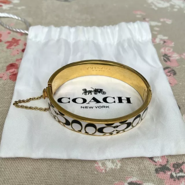 Authentic Coach “C” Gold Bracelet, Oval Hinged Black White Bangle w/ Small Chain