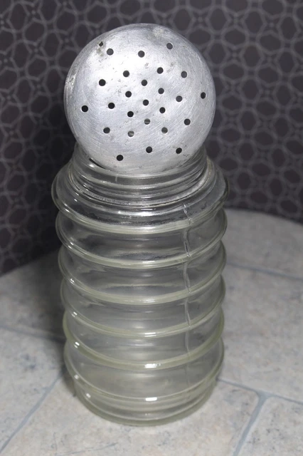 Original Vintage Sellers Hoosier Glass Ribbed Jar Kitchen Cabinet Shaker Lid 11