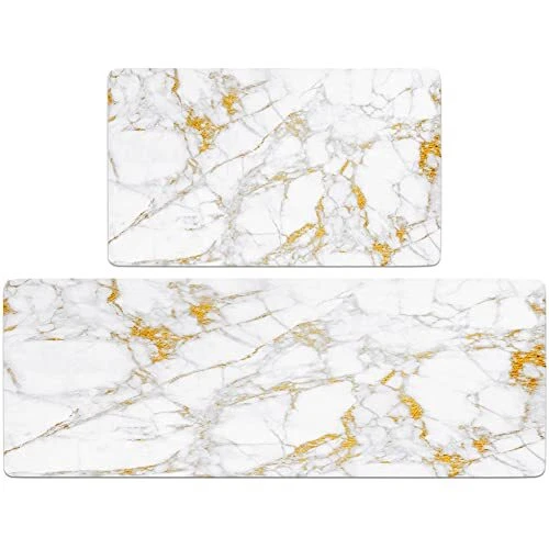 White Marble Kitchen Rugs Mats Set of 2 Marble Art Anti-Fatigue Cushioned
