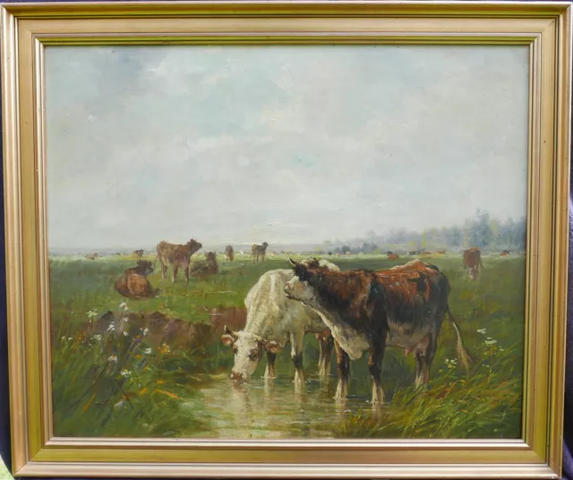 Tableau de Vaches Paysage Bord de Rivière Huile/Toile de la fin du XIXème siècle