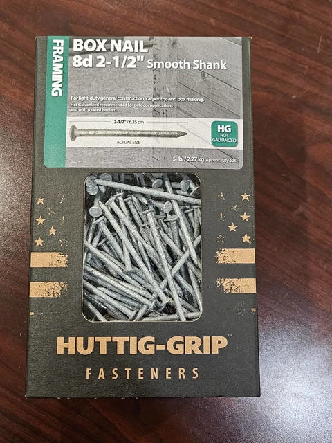 5lb Box Huttig-Grip 2-1/2" Box Nails 8d, Hot Galvanized, approximately 625pcs