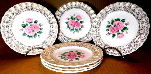 Plates~Sebring Pottery Co. Bread/ Dessert 6 1/4" China Bouquet Rose 22K Set of 6