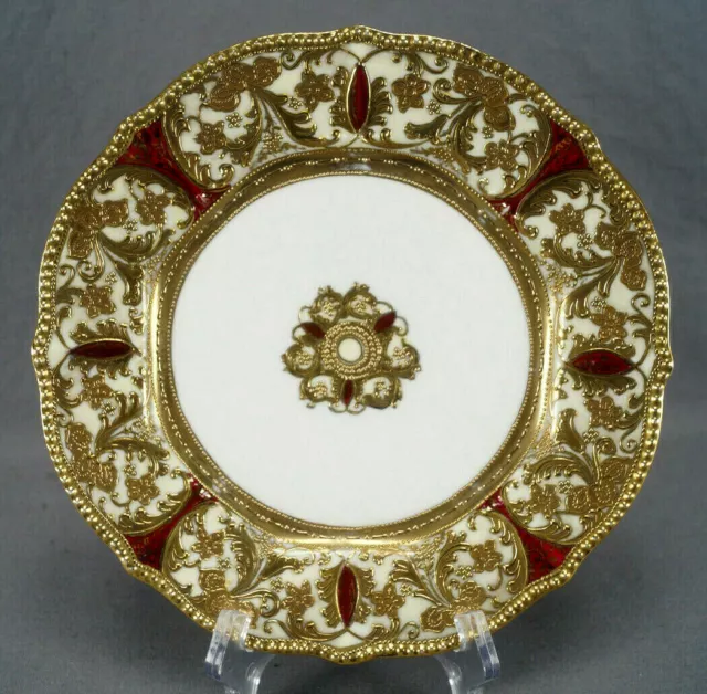 Nippon Hand Painted Raised & Beaded Gold Floral Scrollwork & Cranberry Plate B