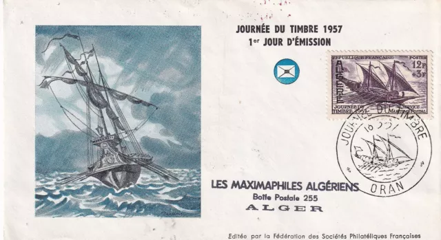 Enveloppe Philatélie 1er jour 1957 Algérie Journée du timbre Poste Maritime 1