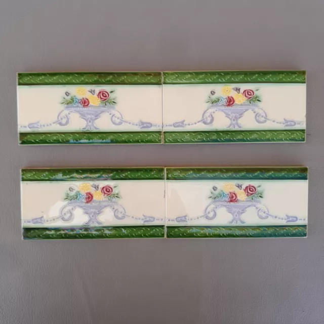 antique orig. unused majolica floral ceramic JAPAN DK border tile 4pcs lot 6x3"