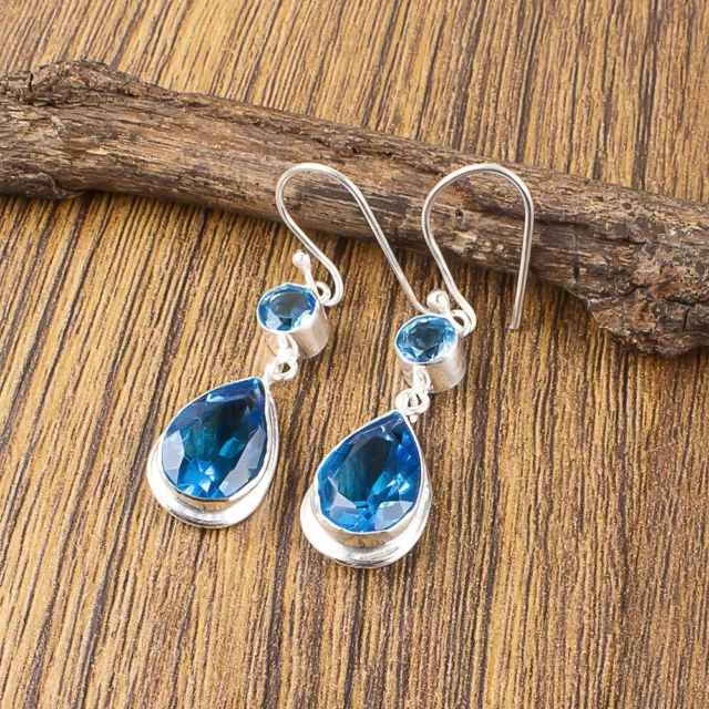 NATURAL SWISS BLUE Topaz Gemstone Earrings 925 Sterling Silver Jewelry ...