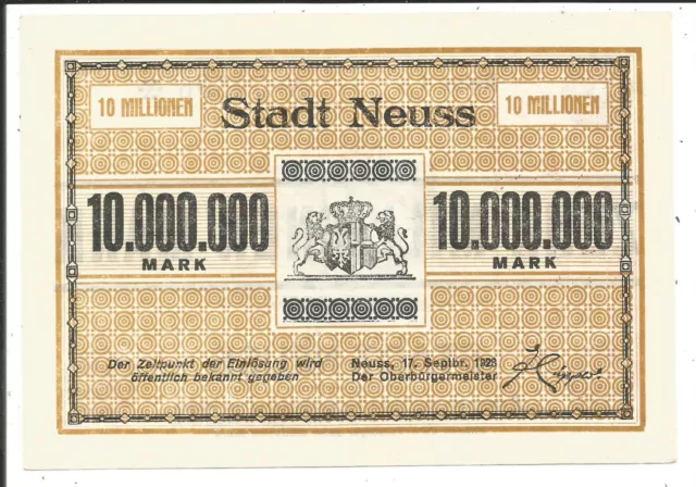 Stadt Neuss,10 Millionen Mark 1923,mit Gültigkeitsstempel,Kassenfrisch!