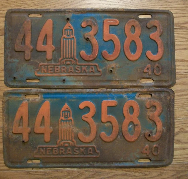 MATCHED PAIR of NEBRASKA LICENSE PLATES - 1940 - 44 3583 - NEMAHA COUNTY