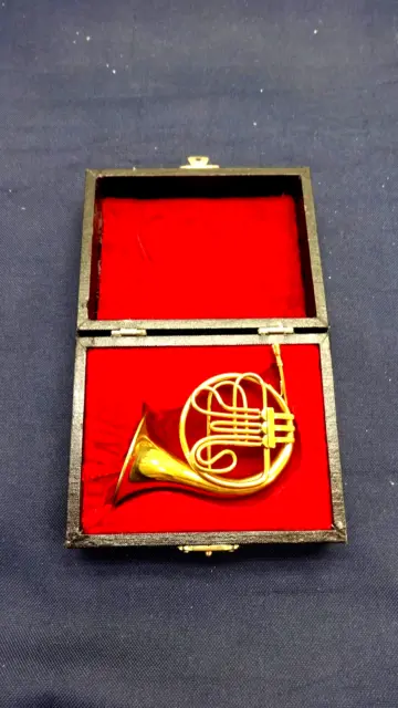 Vintage Miniature French Horn Brass Instrument With Case 3.5"