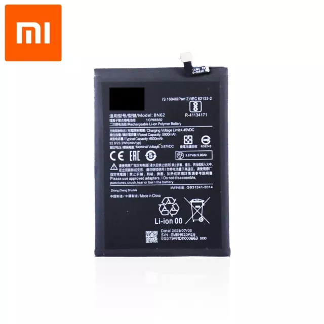 Bateria compatible para Xiaomi Redmi Note 9 4G / 9T / Poco M3 (6000 mAh, BN62)