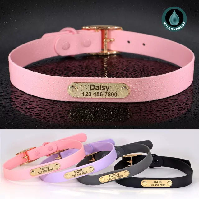 Waterproof Dog Collar Soft Rubber Personalised Customised Pet Name ID Tag S M L