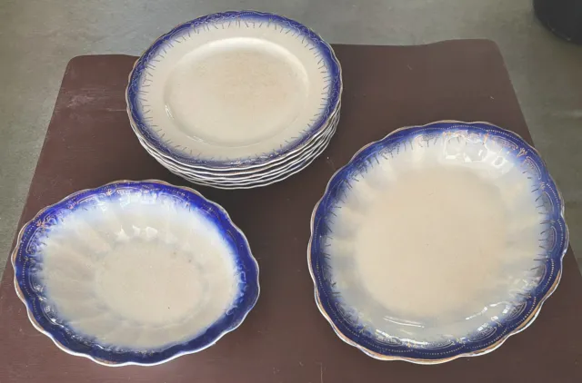 Antique Flow Blue Oval Platter, Oval Bowl,6 Dinner Plates LaFrancaise Porcelain