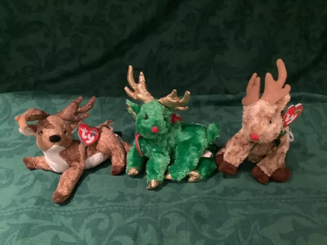 Three TY Retired Christmas Reindeer Beanie Babies BNWTS Rudy,Sleighbelle & Roxie