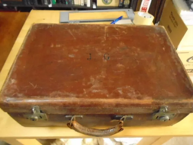 Vintage Brown Leather Case Travel Luggage Suitcase Monogram JG 20 x 13 x 7"