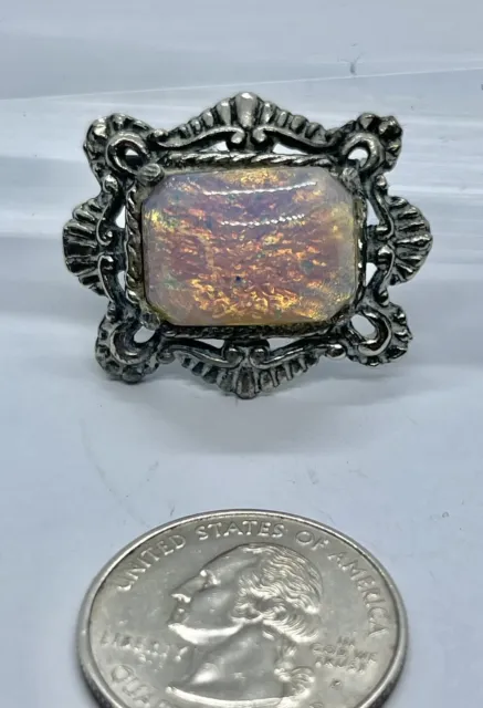 Vintage MCM Faux Rectangle Opal Art Glass Unfoiled Rectangle Silvertone Brooch