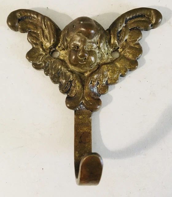 Vintage Brass Cherub Wall Hook with Natural Patina 3