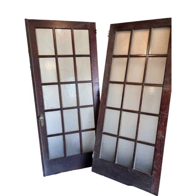 Antique Pair French Doors 15 Pane Frosted Glass Architectural Salvage 83"h x 70.