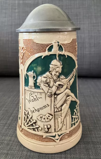 schöner antiker Bierkrug mit Zinndeckel, um 1900
