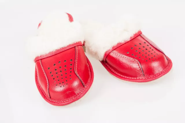 Women Sheepskin 100% Leather Slippers Wool Shoes Size 3 4 5 6 7 8 Flip-Flop Red