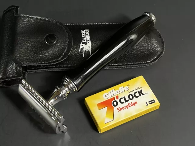 DE safety/double edge Shaving razor For Extra Fine Shave In Black Handle & Pouch